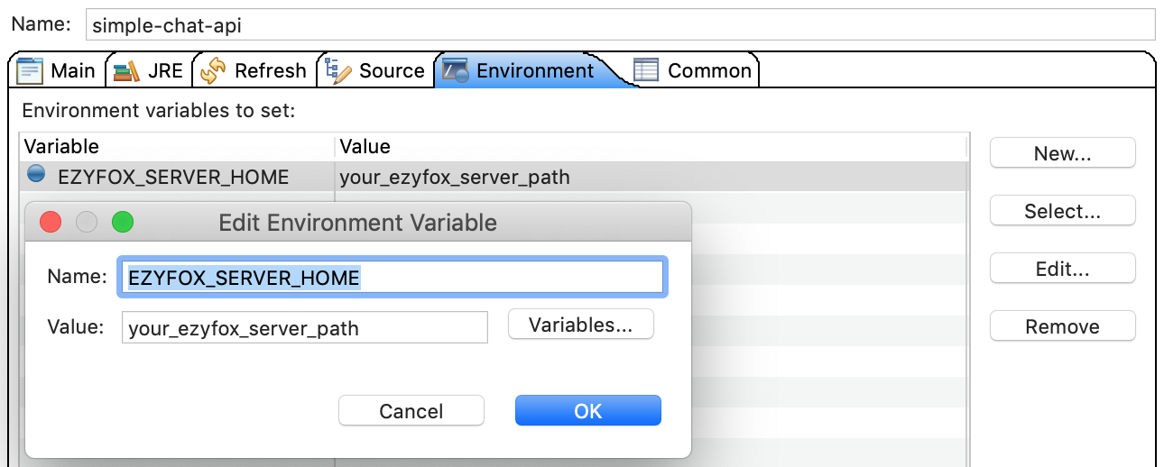 run configurations: environment tab setting
